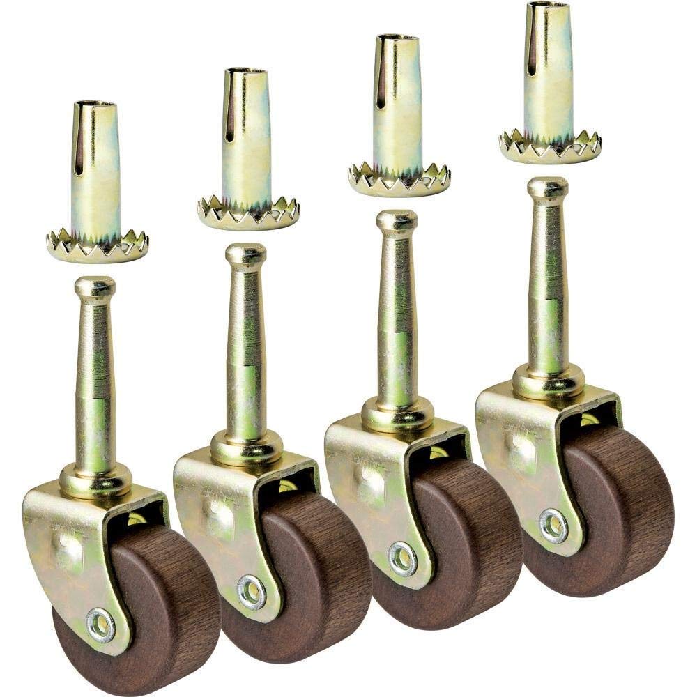 Ruedas de repuesto para muebles de madera con enchufes, muebles antiguos, rueda de madera dura marrón de 1 5/8 pulgadas de diámetro, vástago de 5/16 pulgadas de diámetro, paquete de 4