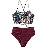 ZAFUL Women's High Waisted Bikini Set Crisscross Tankini Swimsuit Tummy Control Ruched Bathing Suit