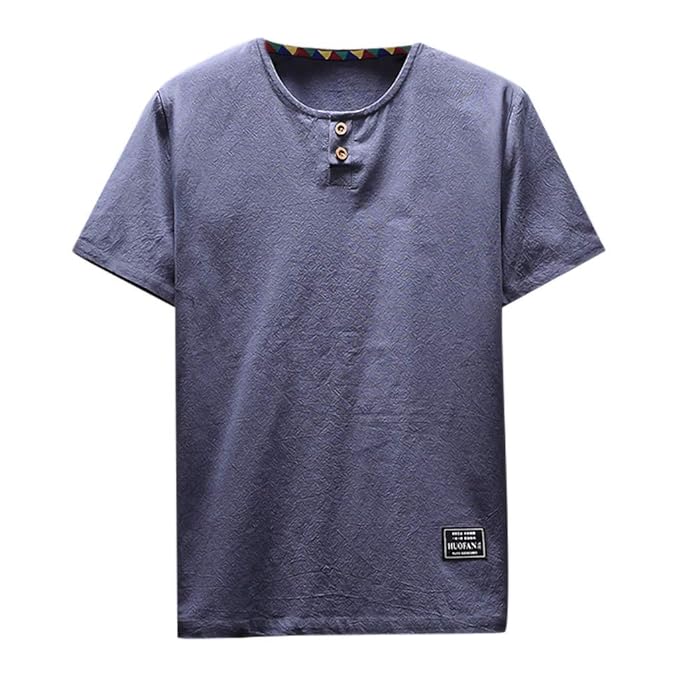 DEELIN Herren Solide Baumwolle Leinen Yoga Bluse Langarm, Herren Sommer T-Shirt Baumwolle Leinen Thai Hippie Shirt O-Ausschni