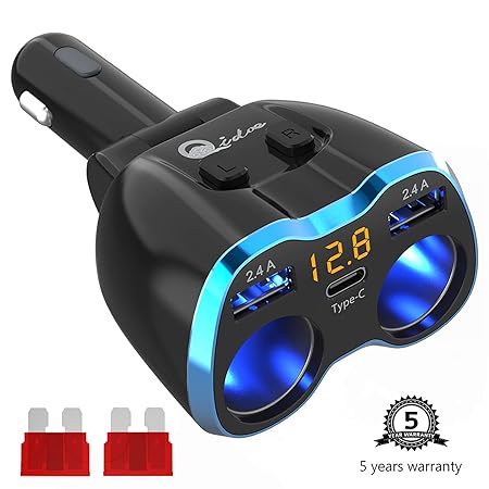 USB C Auto Ladegerät Zigarettenanzünder Verteiler Adapter Splitter Typ C KFZ Ladegerät 2 Fach Steckdose 12V/24V DC 80W mit LE