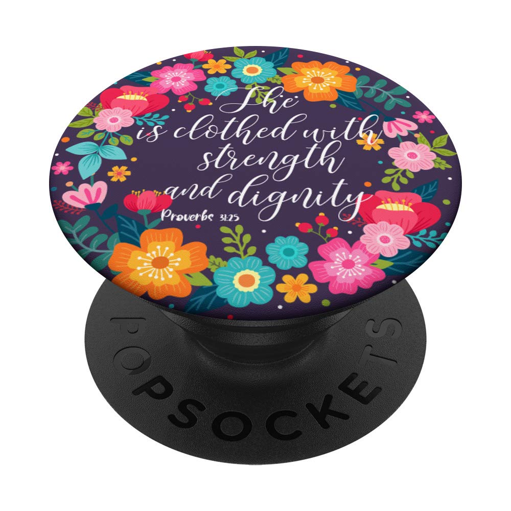 Purple Pink Proverbs 31 25 Christian Bible Verse Floral PopSockets Swappable PopGrip