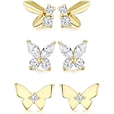 TIKJE 925 Sterling Silver Stud Earrings Sets, 14K Gold White Gold Plated Post Butterfly Earrings Stud for Women, (Nickel Free) 3 Pairs Butterfly