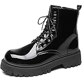 NXNBHSL Men's Patent Leather Round Toe Platform Ankle Boots Lace Up Fashion Comfortable Non-Slip Lug Sole Combat Booties For Wedding Formal Business Office Daily Wear
