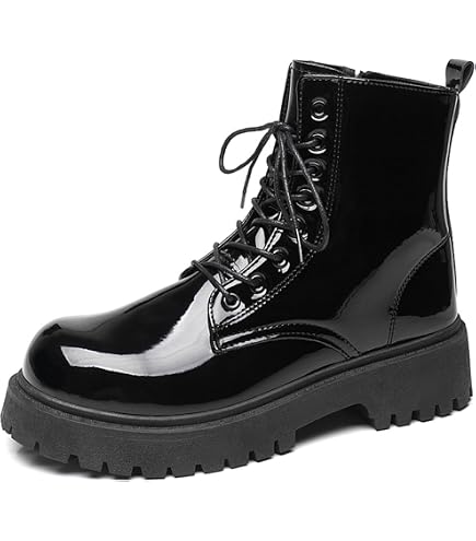 Black Patent Leather Platform Combat Boots Men\'s Chunky Lug Sole Lace Up Side Amazon.com | QEOSNBX Men main image 4