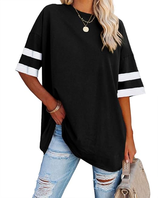Fisoew Womens Oversized Tees Loose T Shirts Half Sleeve Crew Neck Color
