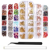 6 Boxes Nail Art Rhinestones Rose Gold Nail Rivets Studs, Charms Nail Sequins, 3D Nail Gems Decoration Kit, Multicolor Acrylic Crystals with Curved Tweezer, Pencil Picker
