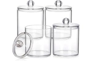 4 Pack Clear Aesthetic Cotton Swab Holder Dispenser for Bathroom Organization, 10oz Shatter-Resistant Apothecary Jars with Li