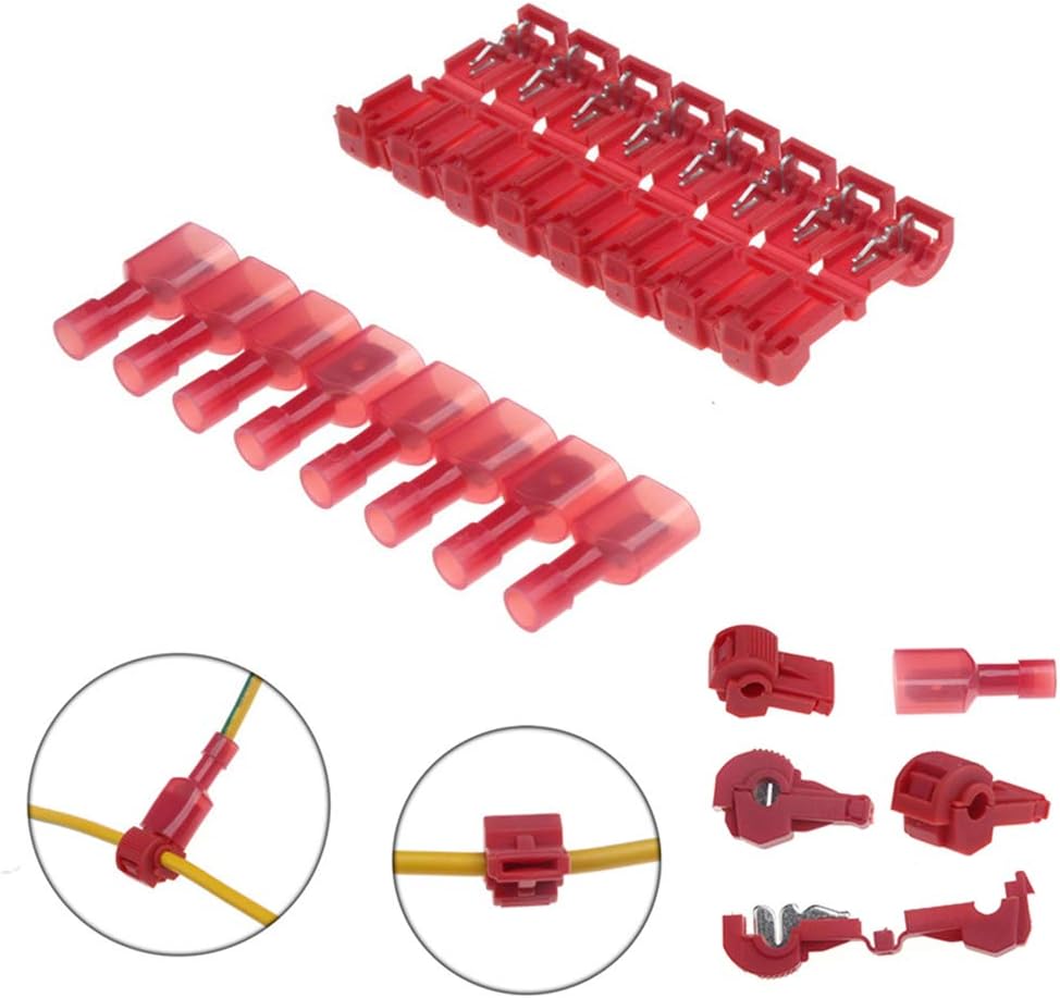 100 PCS Self-Stripping T-Tap Electrical Connectors Wire Quickly Splice Connector and Insulated Male Quick Disconnect Terminals (Red)