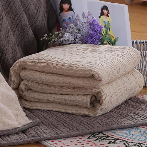 iSunShine Cotton Knitted Dual Cable Throw with Lining Super Soft Warm Cover Blanket Double Cable Knitting Pattern, 47*70 Inches, Beige