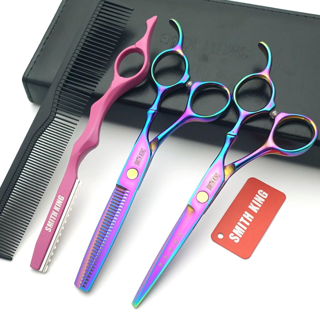 6.0 inch Hair Scissors Set Hair Cutting Scissors & thinning Scissors with Razor&Comb in 1 Set (Rainbow)