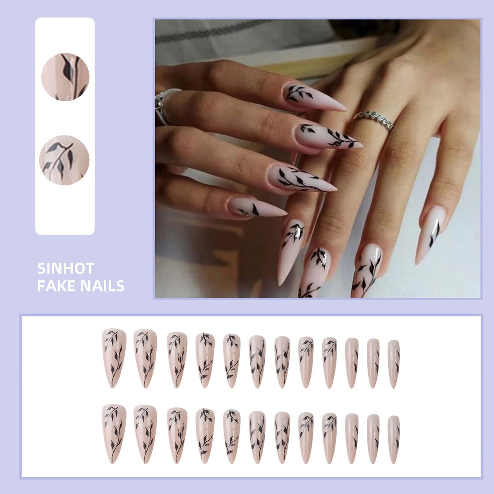 SINHOT Stiletto Press on Nails Extra Long Fake Nails with Glue Glossy False Nails with Black Leaves Designs Full Cover Almond Acrylic Nails 24pcs - Image 4