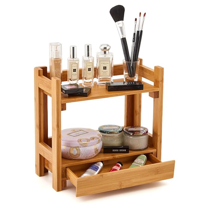EZOWare 2 Niveles Estante Maquillaje de Bambú, Organizador con Cajón para Cocina, Baño, Cosméticos, Joyería, Escritorio, Oficina