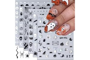 QDSUH Halloween Nail Stickers, 6 Sheets Black Ghost Nail Decals 3D Self-Adhesive Small Horror Pumpkin Witches Bat Ghost Spider Halloween Pattern Black White Holiday Nail Art Design for Women Kids