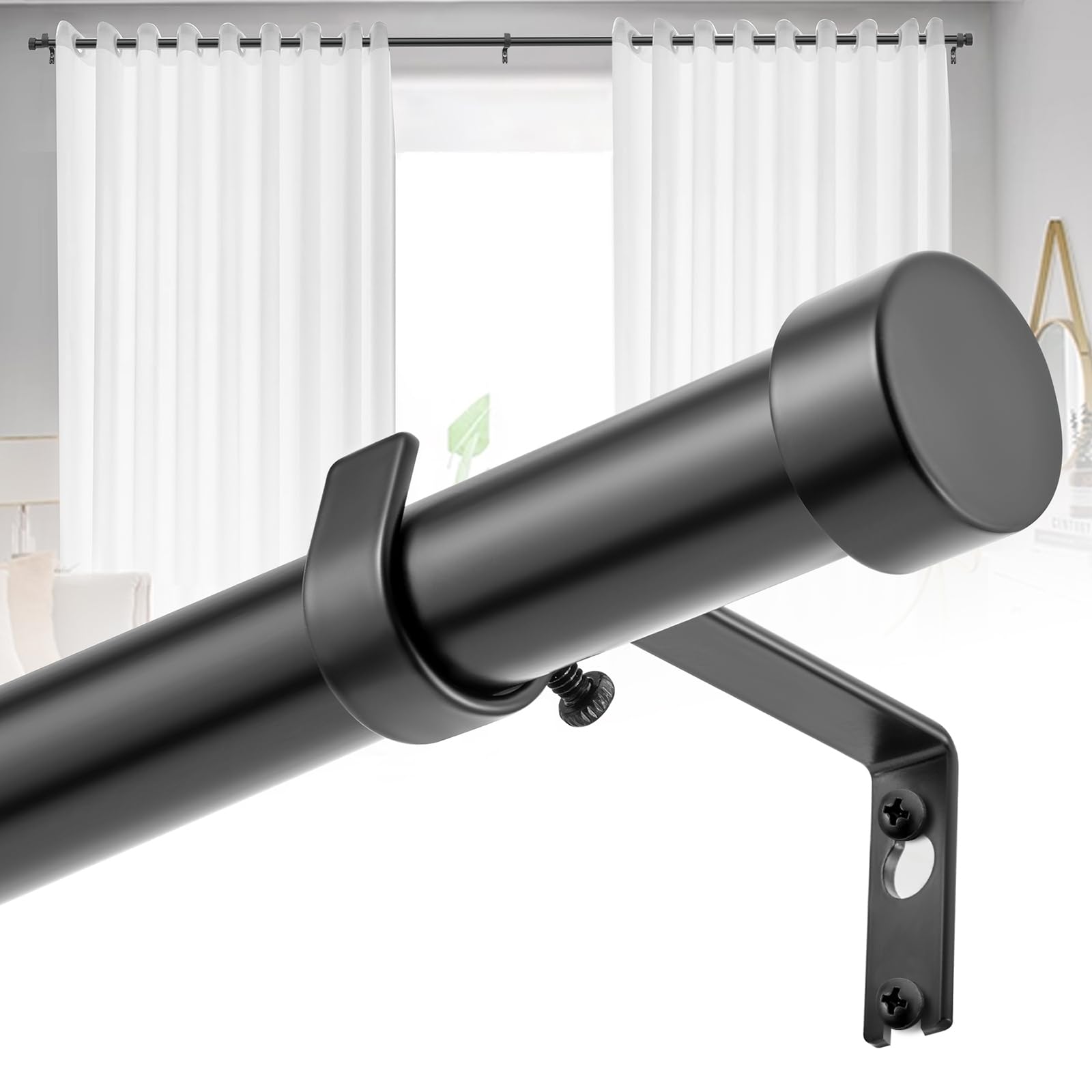 Coyfa Black Curtain Pole 76–225 cm, 25 mm Extendable Metal Curtain Pole with Brackets and Decorative Finials for Living Room, Bedroom and Office