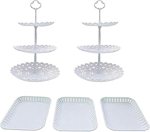 FEOOWV Set of 5 Pcs Round 3-Tier Cake Stand Party Food Server Display Stand with Plastic Serving Trays for Wedding Birthday Party Decor (Style C)