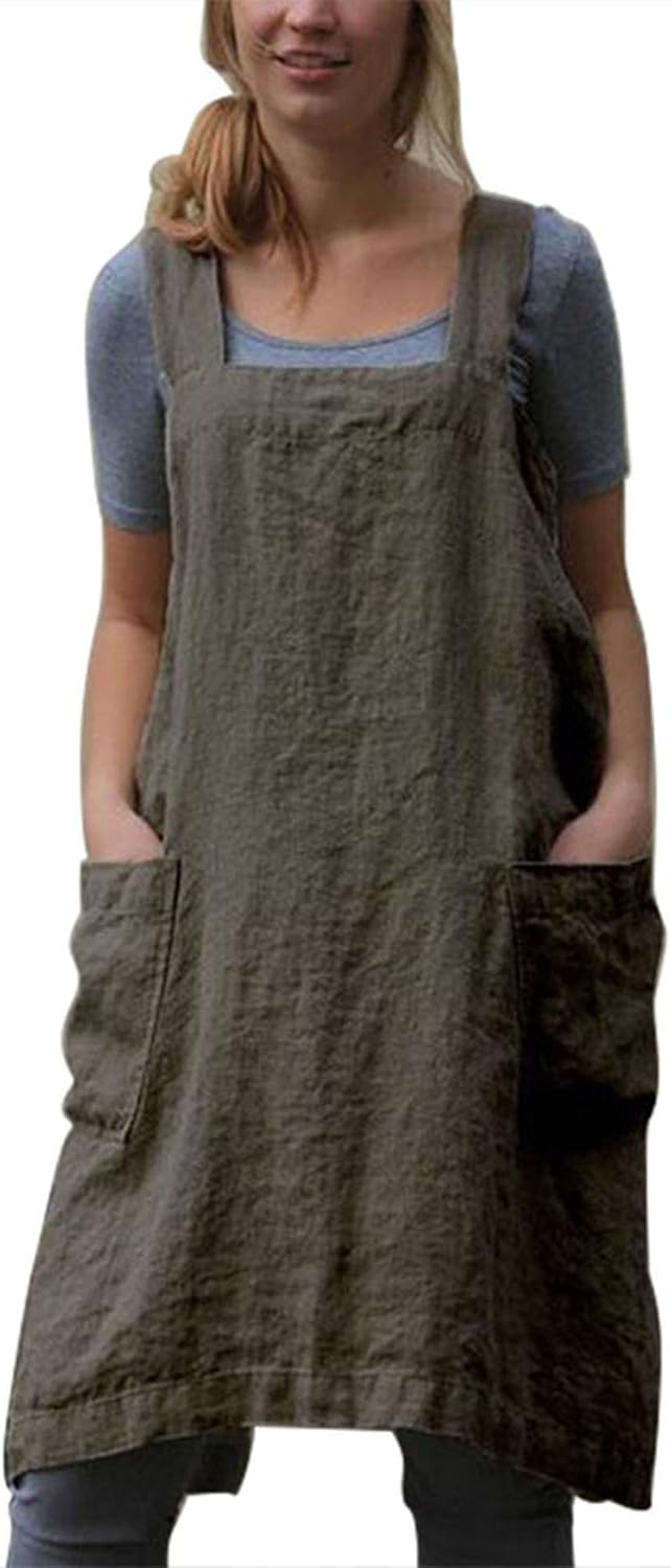 Women's Apron Dresses, Solid Color Cotton Linen Solid Plus Size Square