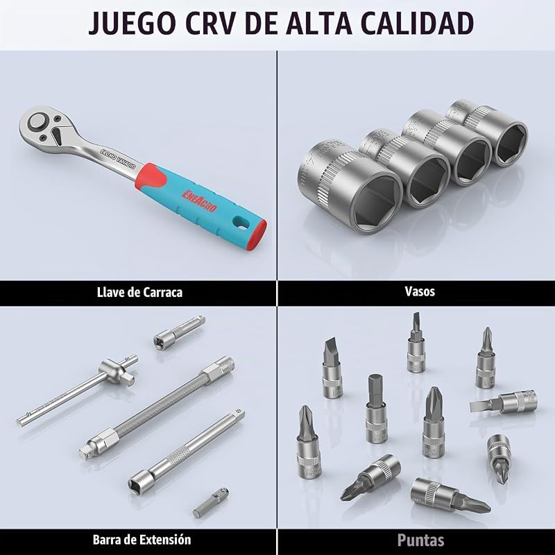 Conjunto de catraca de 46 peças com chaves de soquete de 1/4", soquetes, extensões, pontas, aço cromado-vanádio, caixa incluída - conjunto completo de catraca