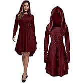 NFAUEIK Womens Renaissance Costumes Hooded Robe Lace Up Halloween Medieval High Low Long Hoodie Dress Cloak
