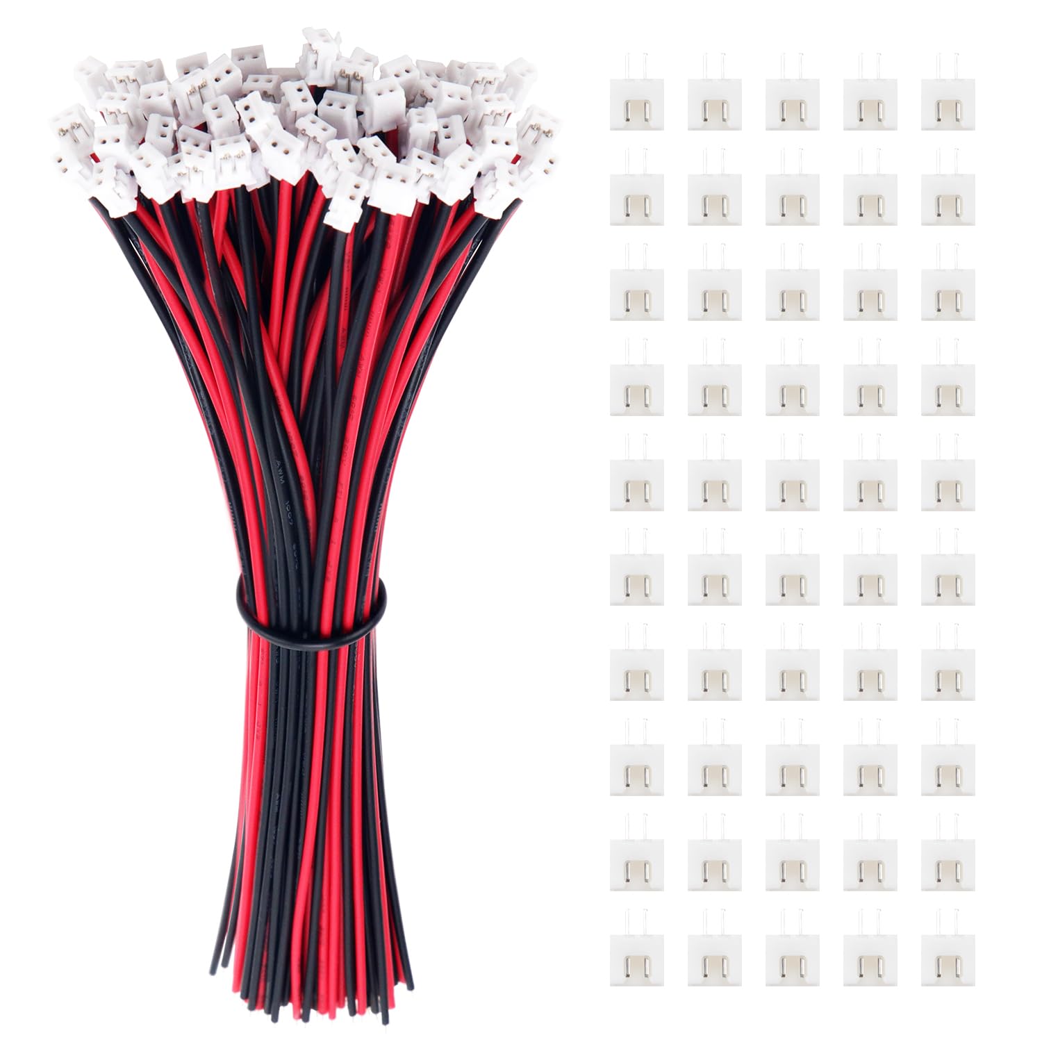 Lyeteung 50 Sets 2.54mm JST-XH Connector, Mini Micro JST XH 2 Pin Connector Plug Male with 150mm 22AWG Cable & Female Connector (Red Black) — image 1