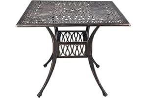 TITIMO 35.4" Outdoor Patio Bistro Dining Square Table Weather Resistant Cast Aluminum Conversation Table with 2.2" Umbrella Hole for Backyard, Garden, Poolside, Balcony(Retro)