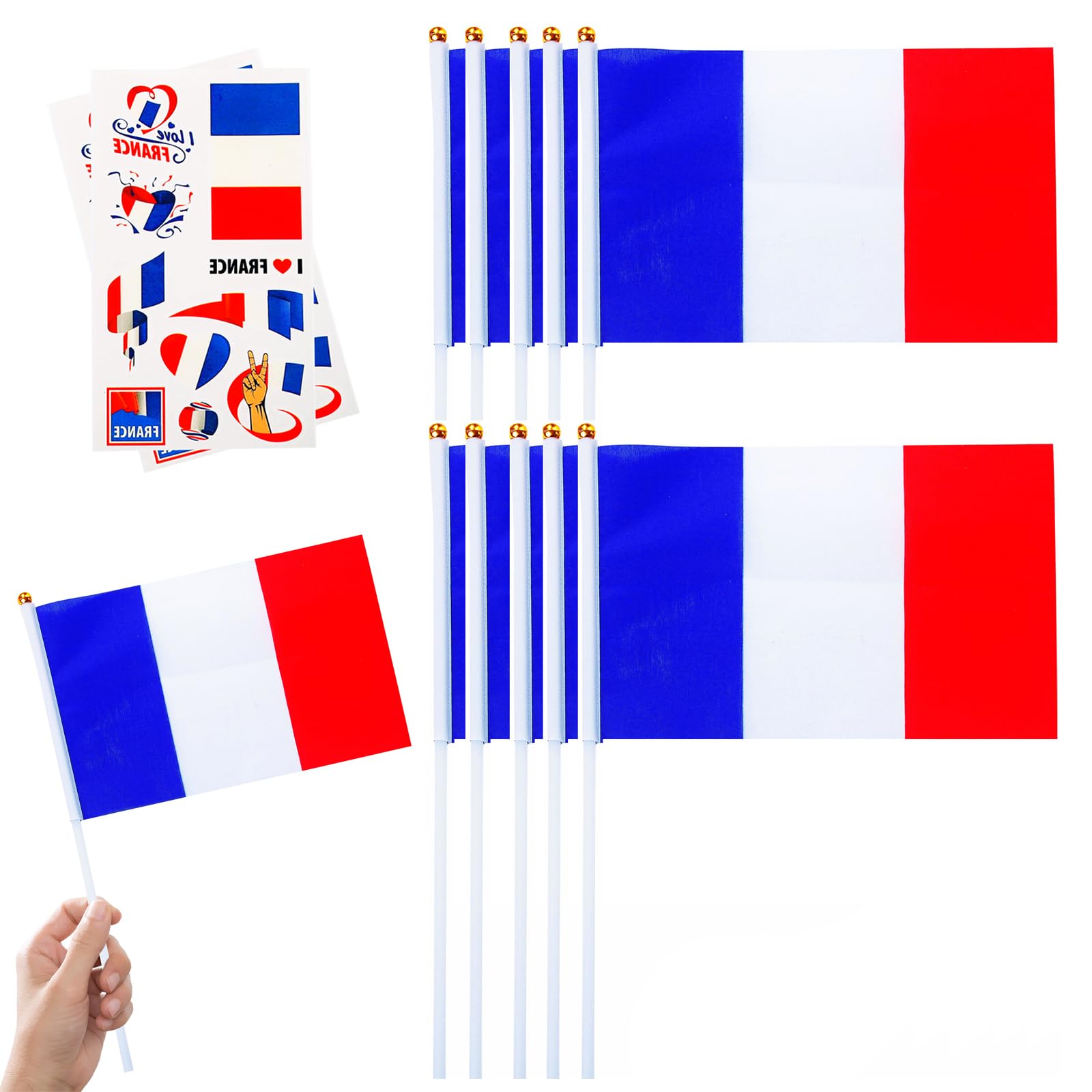 10pcs Small French Flags on Sticks & 2pcs Temporary Tattoos for Football 2025 Party,Mini France Flags on Sticks Hand Held Flags for VE Day 80th Events Celebration France Party Decorations — image 1
