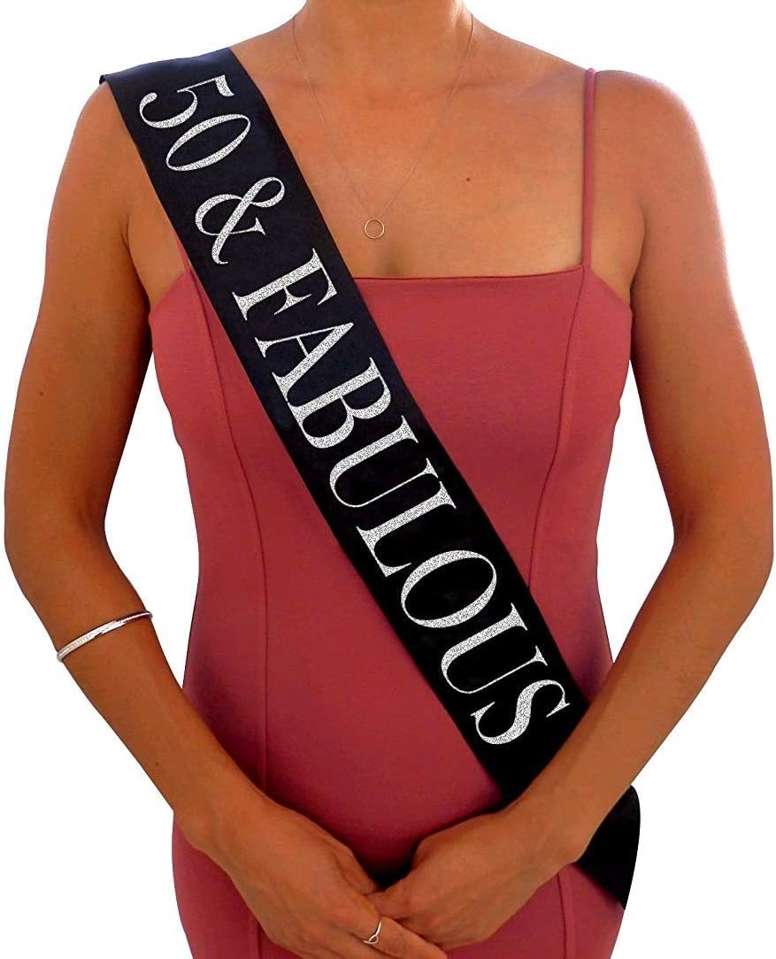 50 Fabulous Black Glitter Satin Sash Happy 50th Birthday