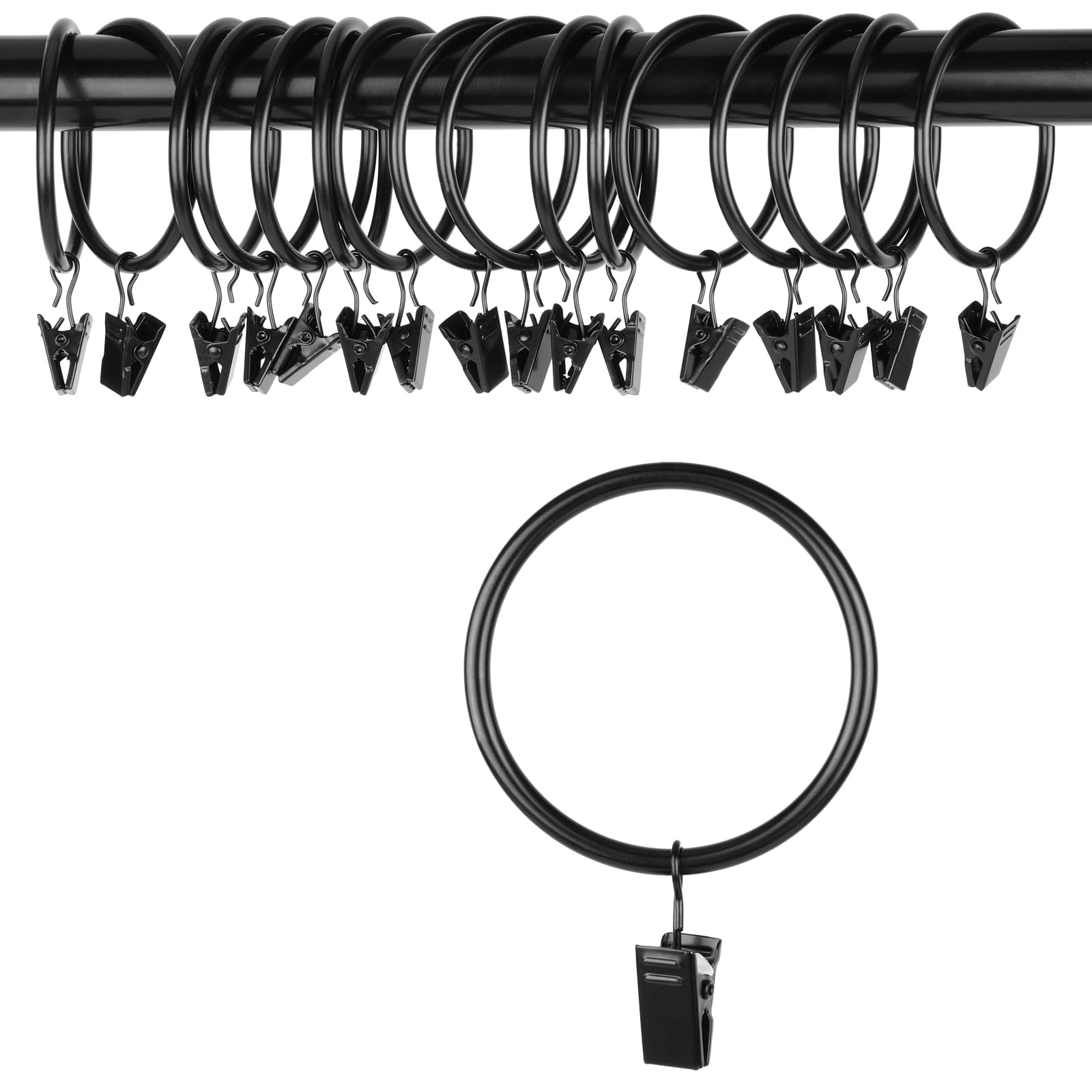 OOTSR Drapery Curtain Clips with Rings (Φ50mm, Set of 16) - Rustproof Matte Stainless Steel Metal Curtain Rod Clip Rings with Eyelets for Party Light, Art Display, Tent (Vintage Black, 2 inch)
