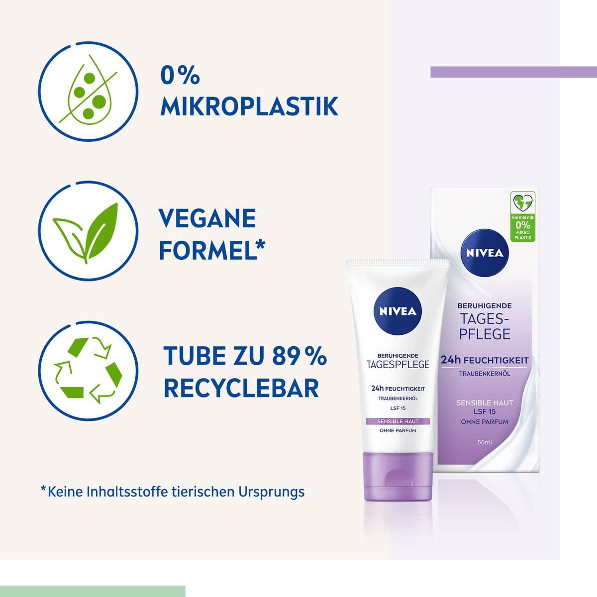 NIVEA Beruhigende Tagespflege 24h Feuchtigkeit LSF 15, parfumfreie Gesichtscreme für sensible Haut, zarte Tagescreme mit Traubenkernöl 2