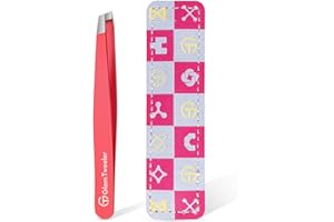 Expert Eyebrow Hair Removal Tweezer with Leather Case, GlamTweeler High Precision Slant Tip Stainless Steel Tweezers for Men and Women (Hot Pink)