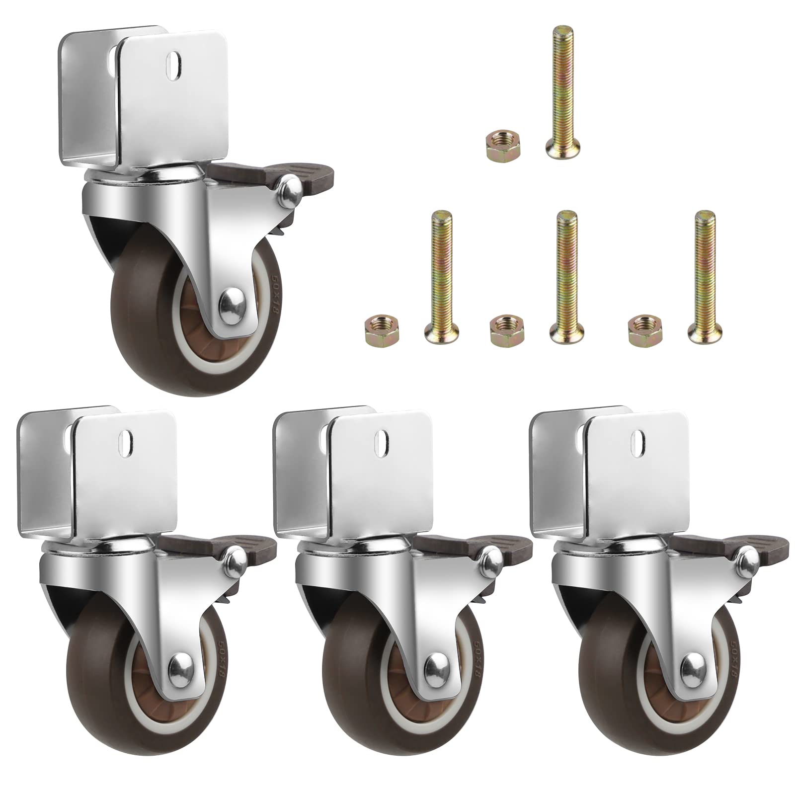 CPROSP 4 Castors for Furniture, U-Type Bracket, Furniture Castors, Diameter 50 mm, U-Style Holder, Furniture Castors, Swivel Castors with Brake, Rubber Wheels for Furniture, Panel Opening 20 mm