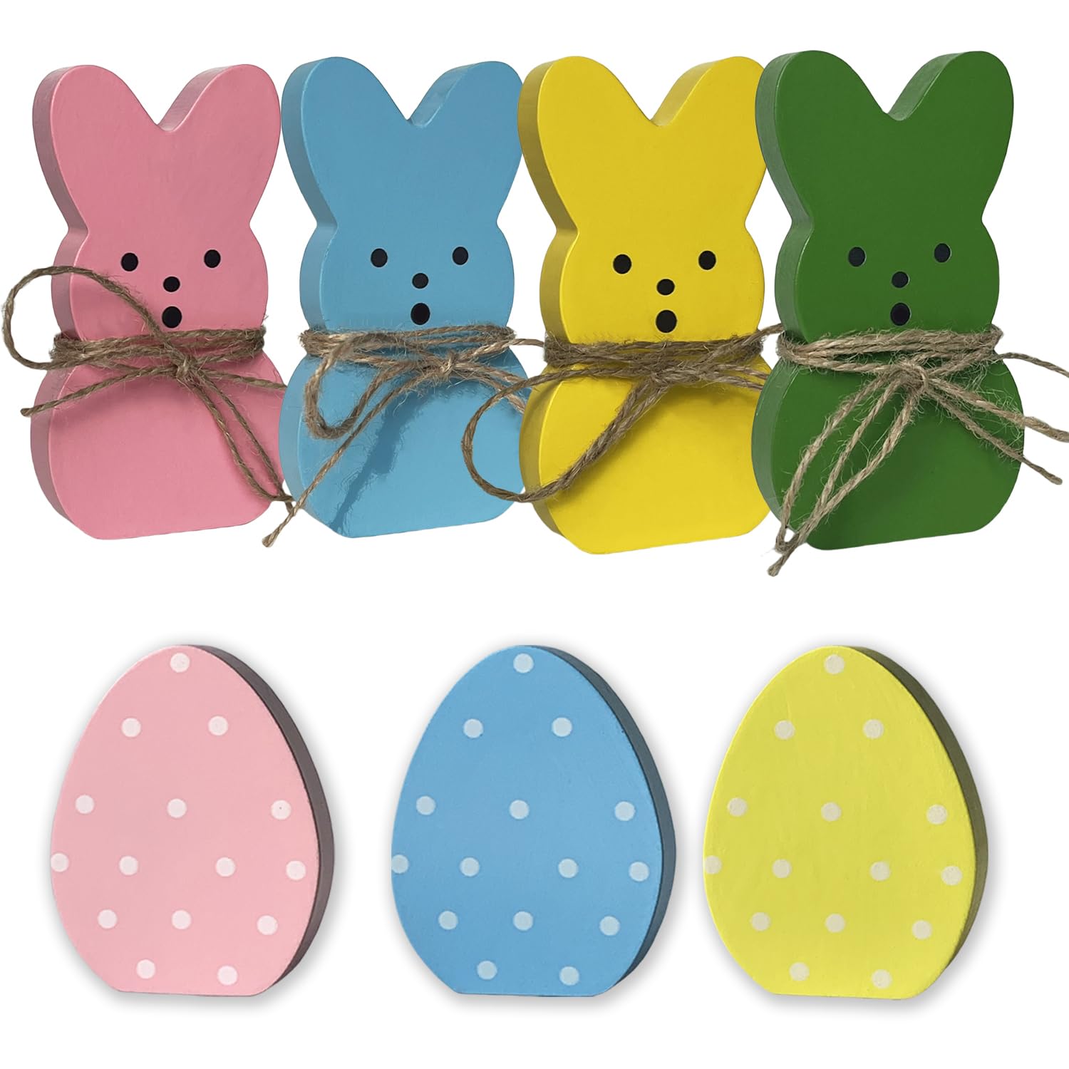 BIBIFLY Easter Decorations 7PCS Wood Bunny Eggs Spring Decor Signs for Home, Wooden Rabbit Freestanding Cute Table Centerpieces Tiered Tray Decoration for Office Tabletop Mantel Shelf Party Supplies