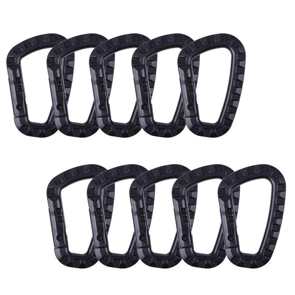 10pcs 80mm Tactical Carabiner Clip D Shape High Strength Plastic Hook Keychain for Backpack/Keychain (Black)