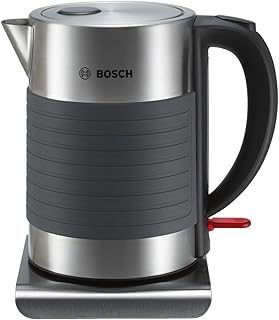Bosch TWK7S05 kabelloser Wasserkocher, Abschaltautomatik, Überhitzungsschutz, Dampfstopp-Automatik, einfache Reinigung, 1,7 L, 2200 W, schwarz/grau