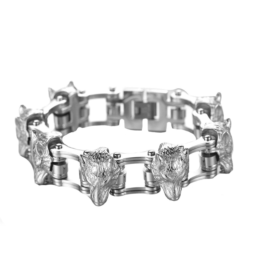 PAURO Men's Stainless Titanium Steel Vintage Bicycle Bracelet with Wolf Head Punk Bangle Silver