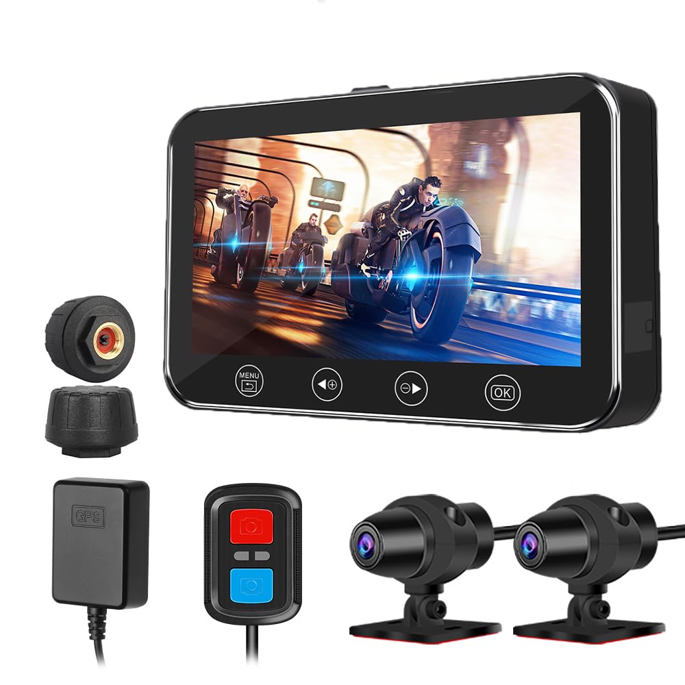 VSYSTO Motorcycle Dash Cam with 4.5'' Waterproof Screen, Bike Camera Front and Rear Camera HD 1080P, 130° Wide Angle Action Camera with GPS, TPMS, Night Vision, G-Sensor, WiFi