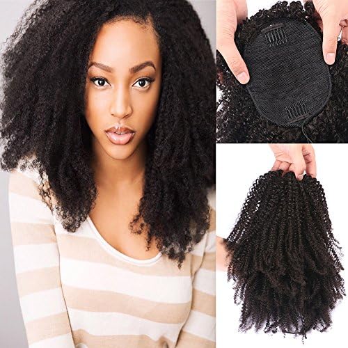 FDshine Mongolian Afro Kinky Curly Clip-in Top Closure Ponytail Hair Piece Tight Curl Real Human Hair (14", Natural Black)
