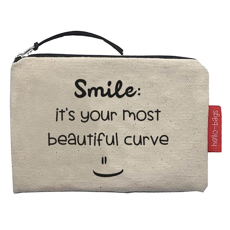 Hello-Bags. Wallet/Wallet/Card Holder Outer : 100% Cotton with Zip and Inner Lining. Includes Kraft Gift Envelope. Model: Smile. Colour: Ecru/Black. 14 x 10 cm., Ecru, Contemporary