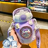 LEJN 28 oz Water Bottle Kawaii with Adjustable Shoulder Strap for Summer Cold Water Chill Portable Leakproof BPA-free Cartoon Children Cup Capsule Bottle Traveling Hiking (Purple820ml)
