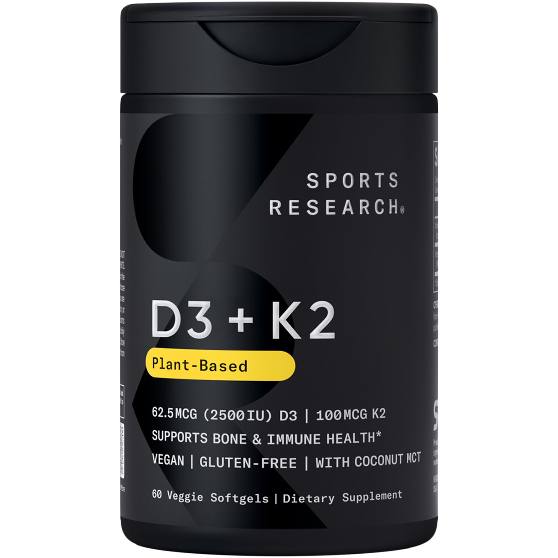 Sports Research® Vegan Vitamin D3 + K2 w/Coconut Oil, 60 Count Plantgels™
