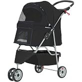 Furniture of America Buddy 3-Wheel Pet Stroller Waterproof Travel Folding Carriage with Cup Holder, Mesh Window, Black
