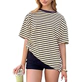 Y2k Women Oversized Striped Shirt Short Sleeve Crewneck Loose Fit T Shirts Casual Blouse Tee Fairy Grunge Tops