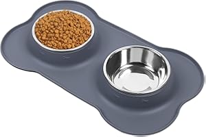 AsFrost Dog Food Bowls Stainless Steel Dog Food and Water Bowl Set, Dog Dishes No Spill Non Slip Silicone Mat, Dog Bowls for Small Medium Size Dogs Cat Puppy Pet Food Feeding Bowls, Grey, 12oz