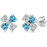 Gem Stone King 925 Sterling Silver Lab Grown Diamond and Swiss Blue Topaz Stud Earrings for Women | 2.27 Cttw | Gemstone April Birthstone | Heart Shape 4MM