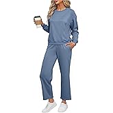 Glamaker Womens Lounge Two Piece Outfits Airport Casual Travel Crew Neck Sets Long Sleeve Tops & Wide Pants 2025 Trendy