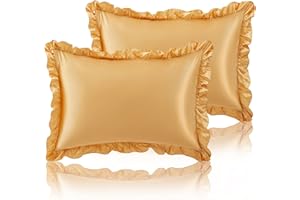 SiinvdaBZX Ruffled Queen Satin Pillowcase Set of 2, Gold Silky Satin Pillow Cases for Women Ruffle Pillow Shams Covers Princess Room Decoration, with Envelope Closure