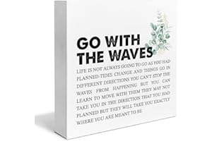 YXSEZ Inspirational Quote Desk Wooden Sign Decor Go with the Waves Saying Square Wood Sign Desk Decoration Beach House Wood Block Box Sign for Shelf Home Beach House 5 x 5 Inches