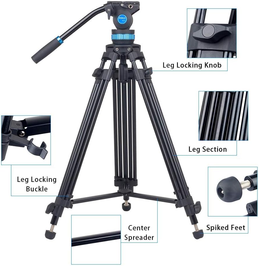 SIRUI Video Tripod with Fluid Head SH-15, Professional Aluminum Tripod for Cameras Universal Platform and Handle - Image 4