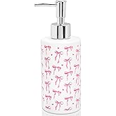 FYSUIMU Pink Bow Soap Dispenser Refillable Soap Container Watercolor Bow Mini Heart Glass Soap Dispenser with Pump for Bathroom Kitchen Countertop Decor