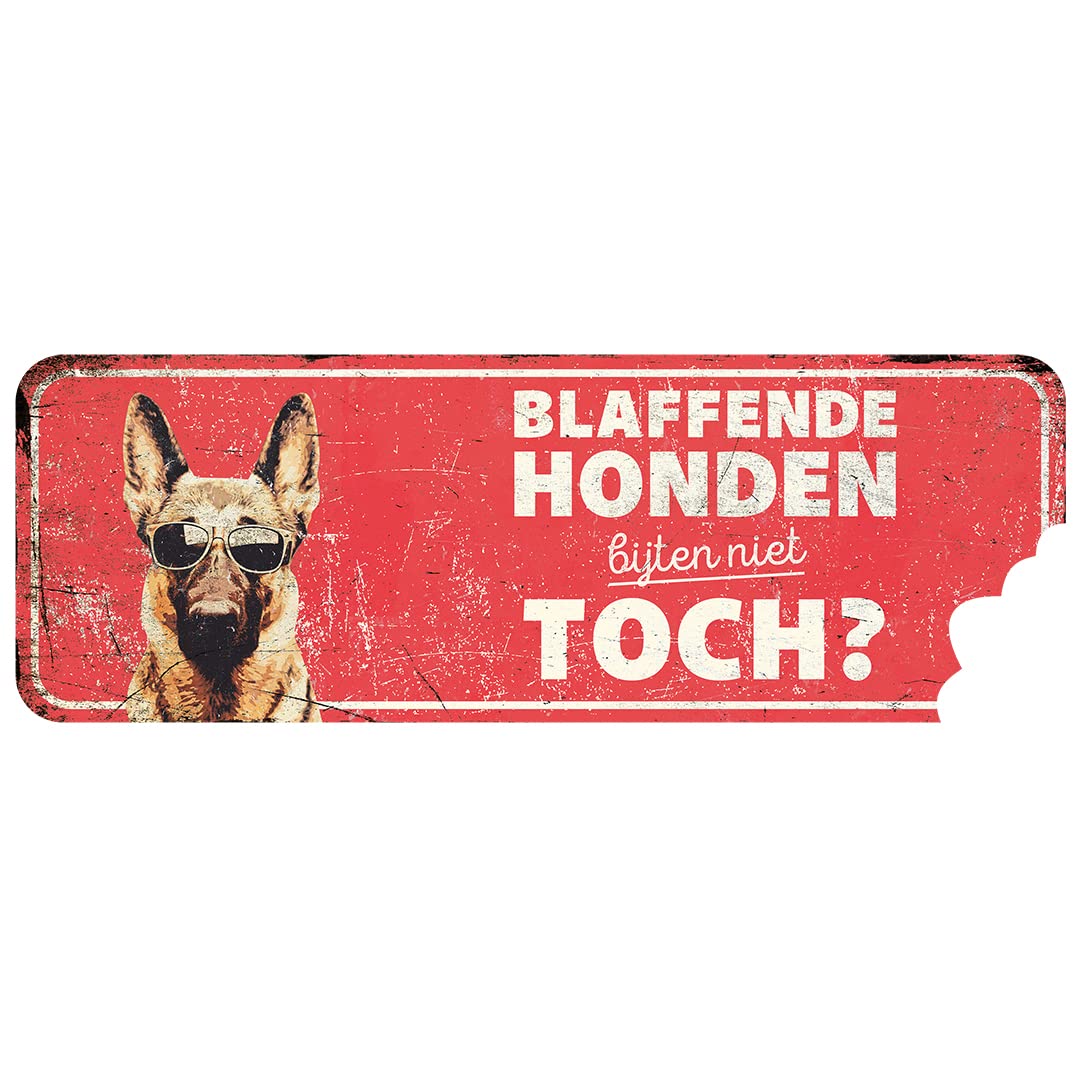 D&D Home, Warning Sign 40 x 13 x 0.3 cm Dutch Version Red Background Metal Warning Sign Rust Resistant Funny Text