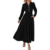 PRETTYGARDEN Maxi Dresses for Women Spring Long Sleeve V Neck Belted A Line Flowy Boho Wedding Guest Dress Pockets